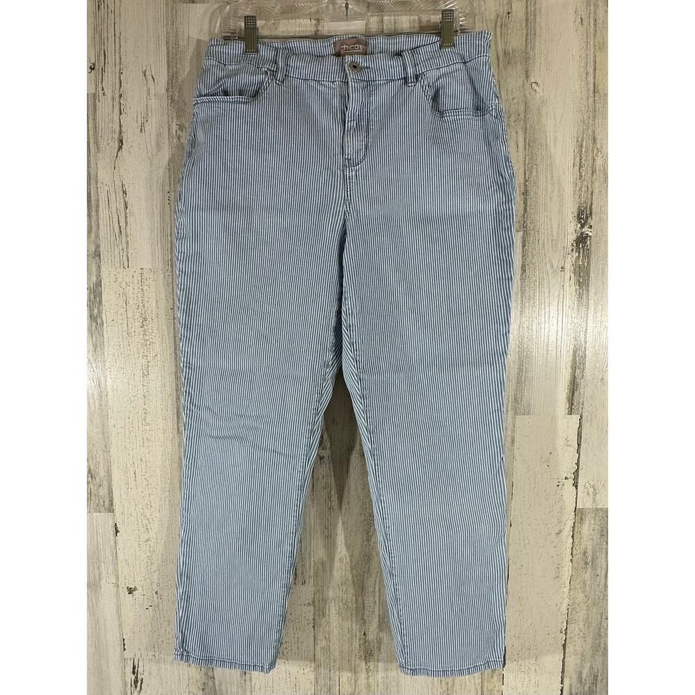 Chicos Cropped Ankle Pants‎ Size 1.5 (31x25.5) Blue Stripe High Rise Tapered